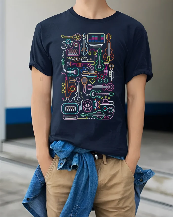 Neon Music Instrument T-shirt with Line Art Design - model wearing navy shirt, hands in pockets