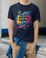 Colorful Cassette T-shirt with Music Note Splash - model wearing navy shirt, hands in pockets