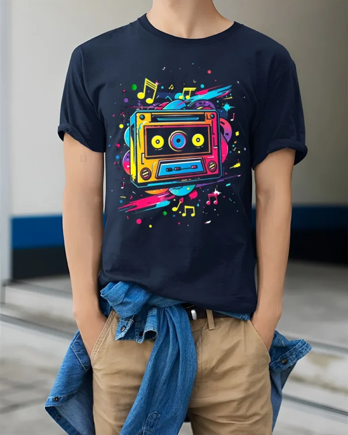 Colorful Cassette T-shirt with Music Note Splash - model wearing navy shirt, hands in pockets
