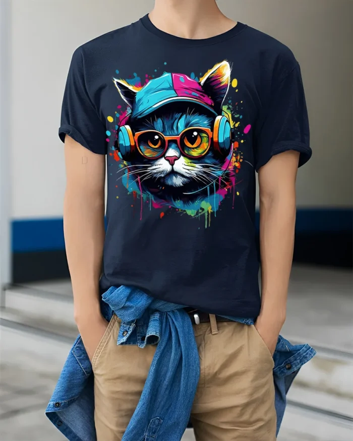 Cool Hip Hop Cat T-shirt with Headphones - model wearing navy shirt, hands in pockets