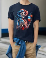 Patriotic Skeleton T-shirt with USA Drink Art - model wearing navy shirt, hands in pockets