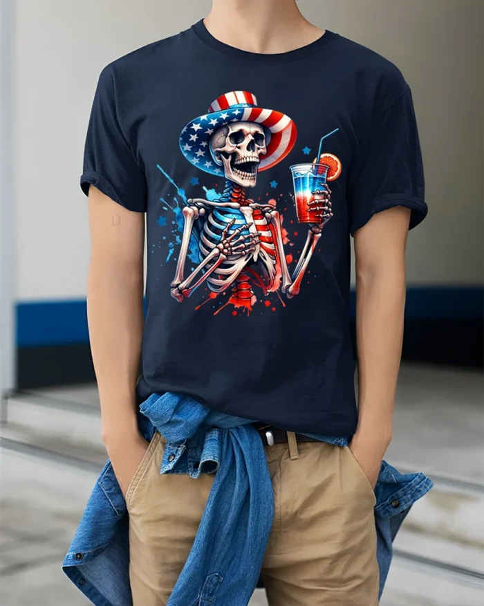 Patriotic Skeleton T-shirt with USA Drink Art - model wearing navy shirt, hands in pockets