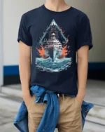 Navy Warship T-shirt with Ocean Battle Art - model wearing navy shirt, hands in pockets