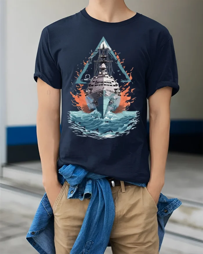 Navy Warship T-shirt with Ocean Battle Art - model wearing navy shirt, hands in pockets