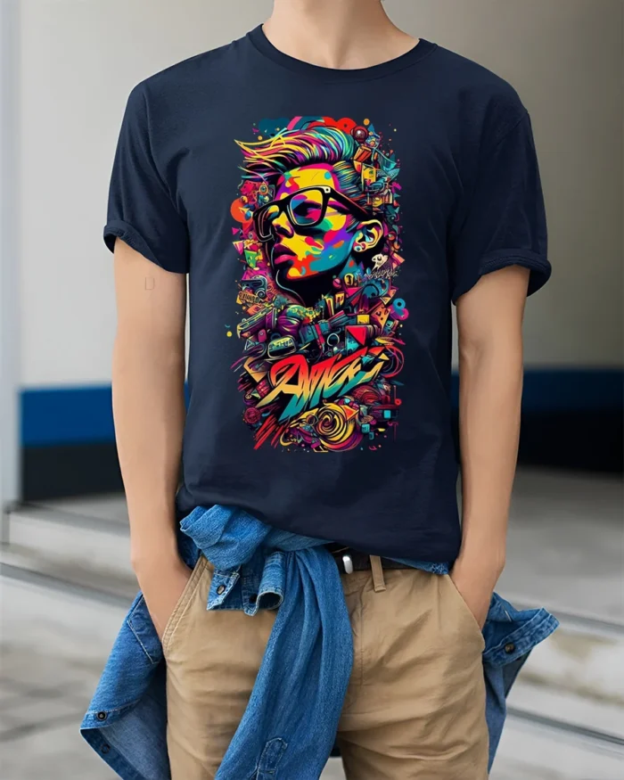 Colorful Street Art T-shirt with Urban Portrait - model wearing navy shirt, hands in pockets