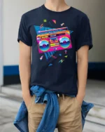 Retro Neon Boombox T-shirt with 80s Vibe Art - model wearing navy shirt, hands in pockets