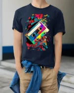 Retro Cassette Tape T-shirt with Color Splash Art - model wearing navy shirt, hands in pockets