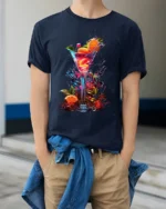 Vibrant Cocktail T-shirt with Tropical Drink Art - model wearing navy shirt, hands in pockets