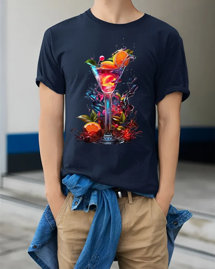 Vibrant Cocktail T-shirt with Tropical Drink Art - model wearing navy shirt, hands in pockets