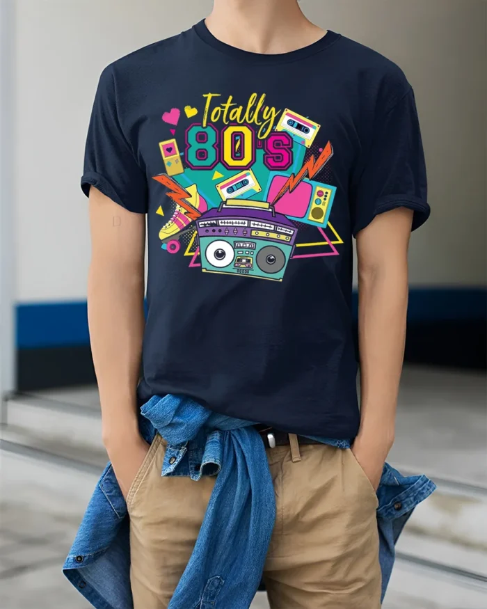 Totally 80s T-shirt with Retro Boombox Art - model wearing navy shirt, hands in pockets