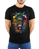 Tribal Mask T-shirt with Colorful Totem Art - model wearing black shirt, hands behind back