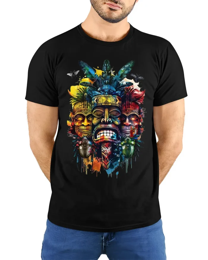 Tribal Mask T-shirt with Colorful Totem Art - model wearing black shirt, hands behind back