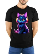 Neon Cat T-shirt with Headphones Graphic Art - model wearing black shirt, hands behind back