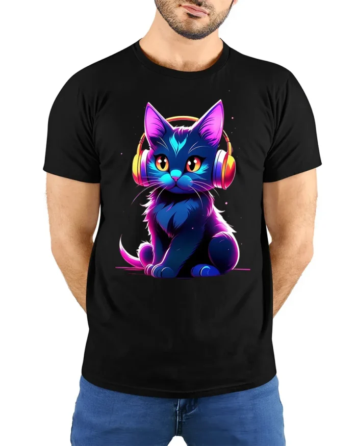 Neon Cat T-shirt with Headphones Graphic Art - model wearing black shirt, hands behind back