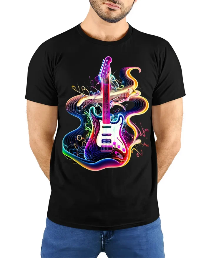 Neon Electric Guitar T-shirt with Vibe Swirl Art - model wearing black shirt, hands behind back