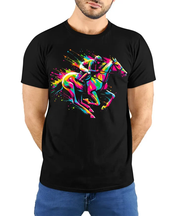 Colorful Horse Racing T-shirt with Neon Art - model wearing black shirt, hands behind back