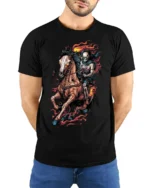 Flaming Skeleton Rider T-shirt with Dark Horse Art - model wearing black shirt, hands behind back