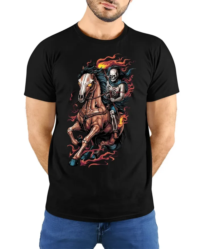 Flaming Skeleton Rider T-shirt with Dark Horse Art - model wearing black shirt, hands behind back