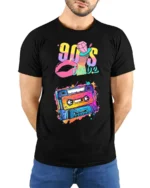 90s Cassette T-shirt with Retro Babe Vibe Art - model wearing black shirt, hands behind back