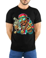 Cartoon Money Rapper T-shirt with Gold Bling Art - model wearing black shirt, hands behind back