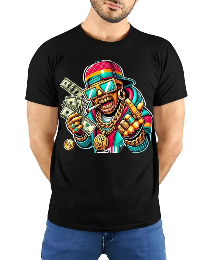Cartoon Money Rapper T-shirt with Gold Bling Art - model wearing black shirt, hands behind back