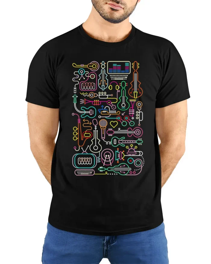 Neon Music Instrument T-shirt with Line Art Design - model wearing black shirt, hands behind back