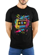 Colorful Cassette T-shirt with Music Note Splash - model wearing black shirt, hands behind back