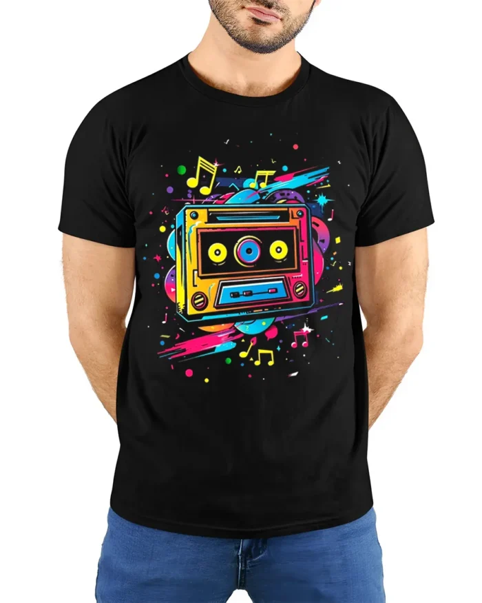 Colorful Cassette T-shirt with Music Note Splash - model wearing black shirt, hands behind back