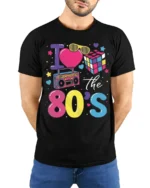I Love the 80s T-shirt with Retro Icons Graphic - model wearing black shirt, hands behind back