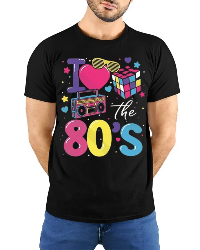 I Love the 80s T-shirt with Retro Icons Graphic - model wearing black shirt, hands behind back