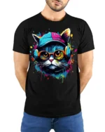 Cool Hip Hop Cat T-shirt with Headphones - model wearing black shirt, hands behind back