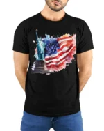 Statue of Liberty T-shirt with USA Flag Art - model wearing black shirt, hands behind back