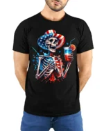 Patriotic Skeleton T-shirt with USA Drink Art - model wearing black shirt, hands behind back