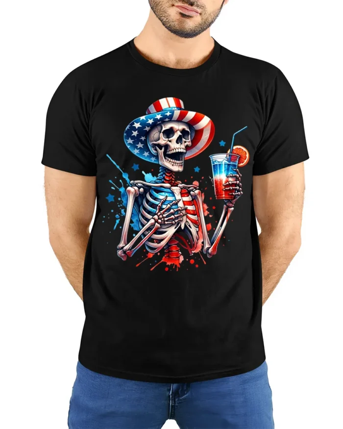 Patriotic Skeleton T-shirt with USA Drink Art - model wearing black shirt, hands behind back