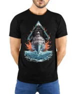 Navy Warship T-shirt with Ocean Battle Art - model wearing black shirt, hands behind back