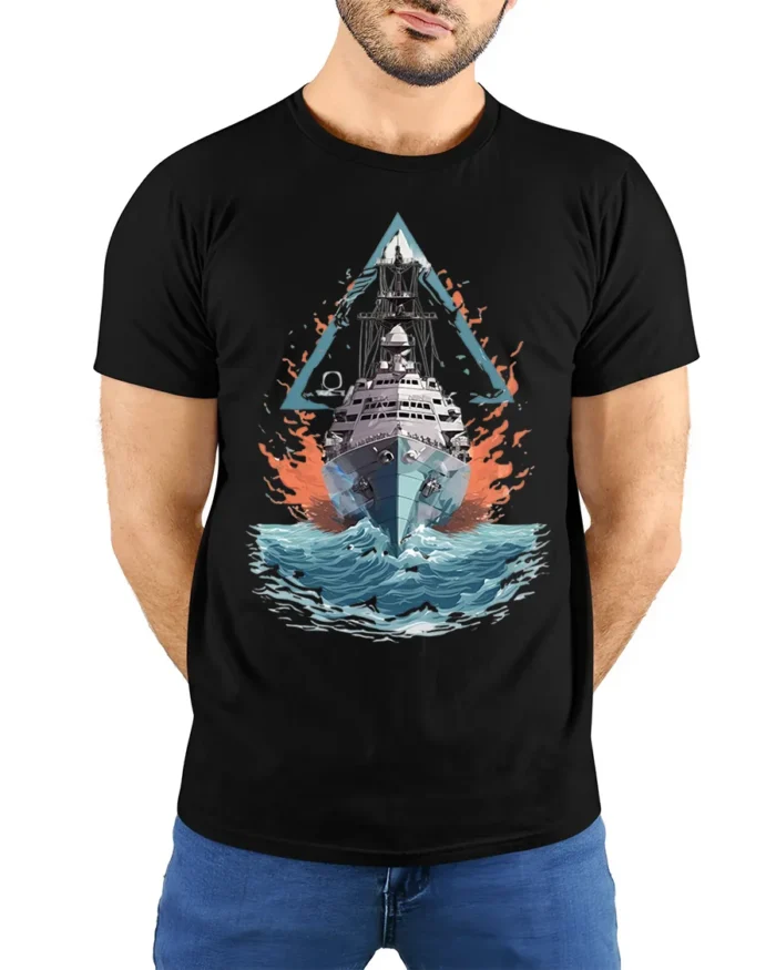 Navy Warship T-shirt with Ocean Battle Art - model wearing black shirt, hands behind back