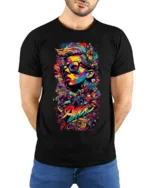 Colorful Street Art T-shirt with Urban Portrait - model wearing black shirt, hands behind back