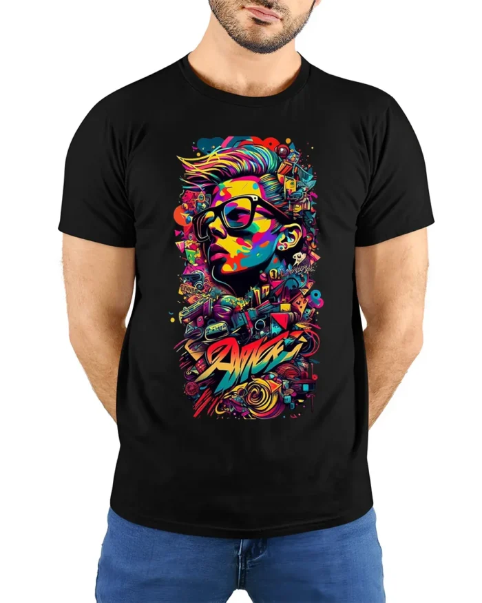 Colorful Street Art T-shirt with Urban Portrait - model wearing black shirt, hands behind back