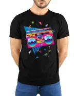 Retro Neon Boombox T-shirt with 80s Vibe Art - model wearing black shirt, hands behind back