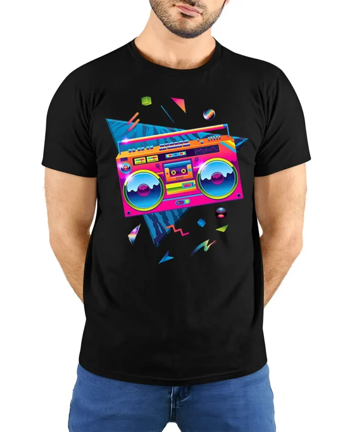Retro Neon Boombox T-shirt with 80s Vibe Art - model wearing black shirt, hands behind back