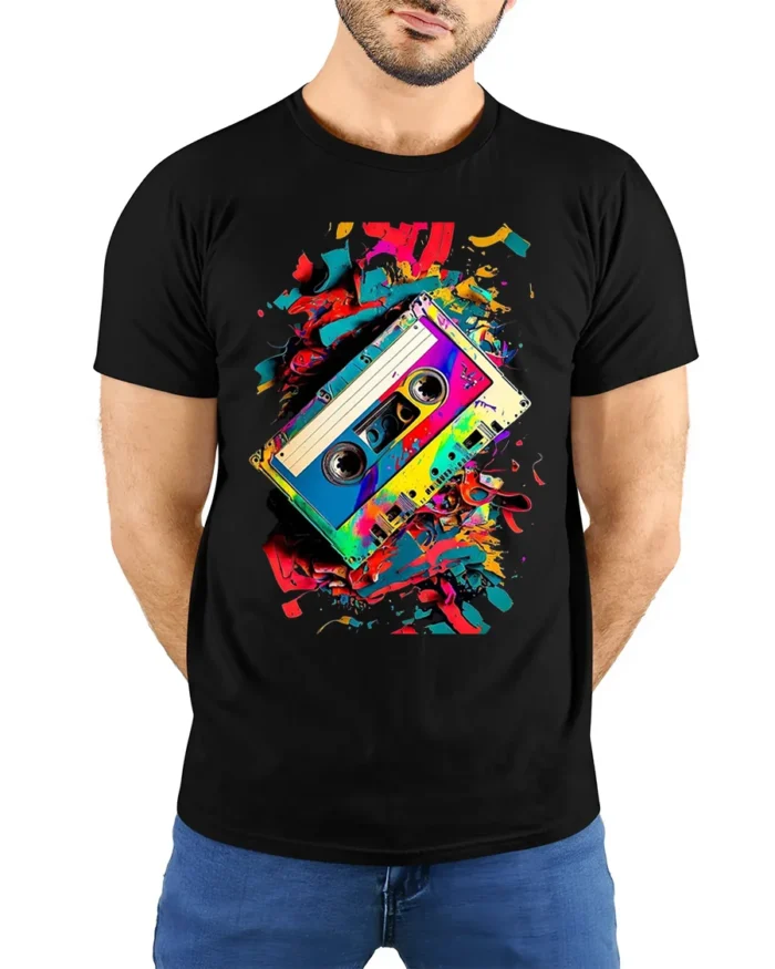 Retro Cassette Tape T-shirt with Color Splash Art - model wearing black shirt, hands behind back