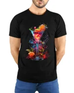Vibrant Cocktail T-shirt with Tropical Drink Art - model wearing black shirt, hands behind back