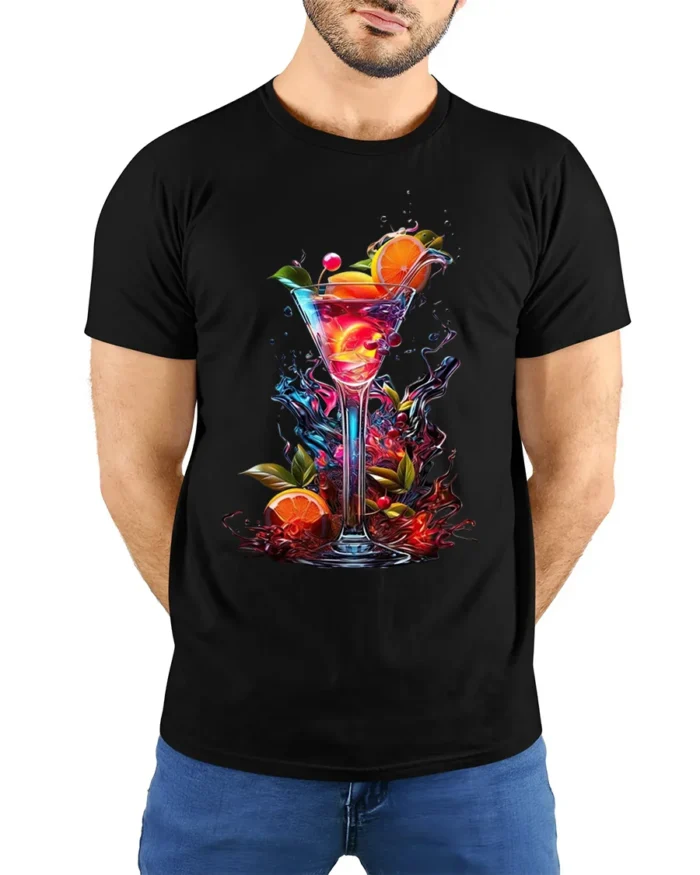 Vibrant Cocktail T-shirt with Tropical Drink Art - model wearing black shirt, hands behind back