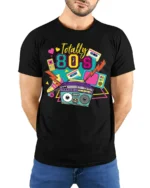 Totally 80s T-shirt with Retro Boombox Art - model wearing black shirt, hands behind back