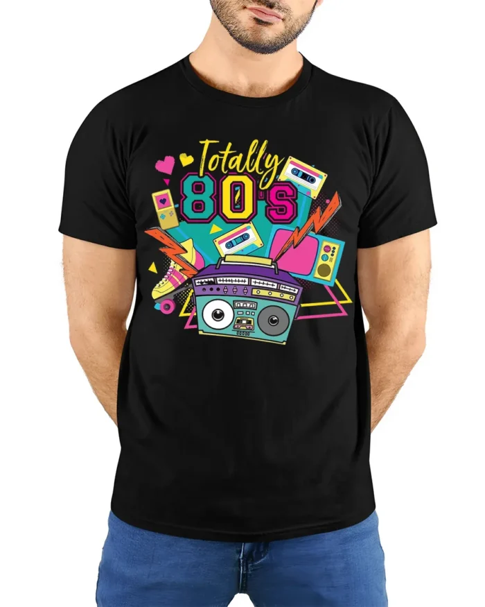 Totally 80s T-shirt with Retro Boombox Art - model wearing black shirt, hands behind back