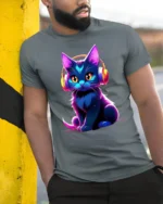 Neon Cat T-shirt with Headphones Graphic Art - model in grey shirt leaning against column