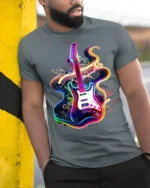 Neon Electric Guitar T-shirt with Vibe Swirl Art - model in grey shirt leaning against column