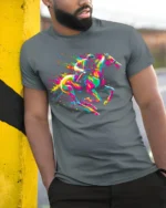 Colorful Horse Racing T-shirt with Neon Art - model in grey shirt leaning against column