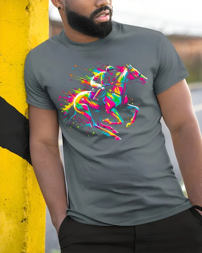 Colorful Horse Racing T-shirt with Neon Art - model in grey shirt leaning against column