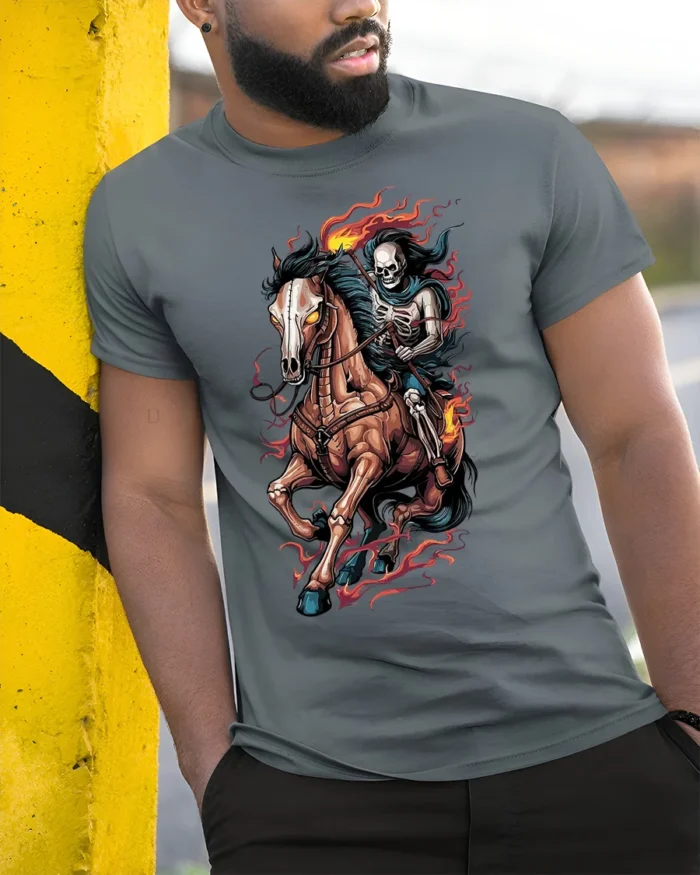 Flaming Skeleton Rider T-shirt with Dark Horse Art - model in grey shirt leaning against column